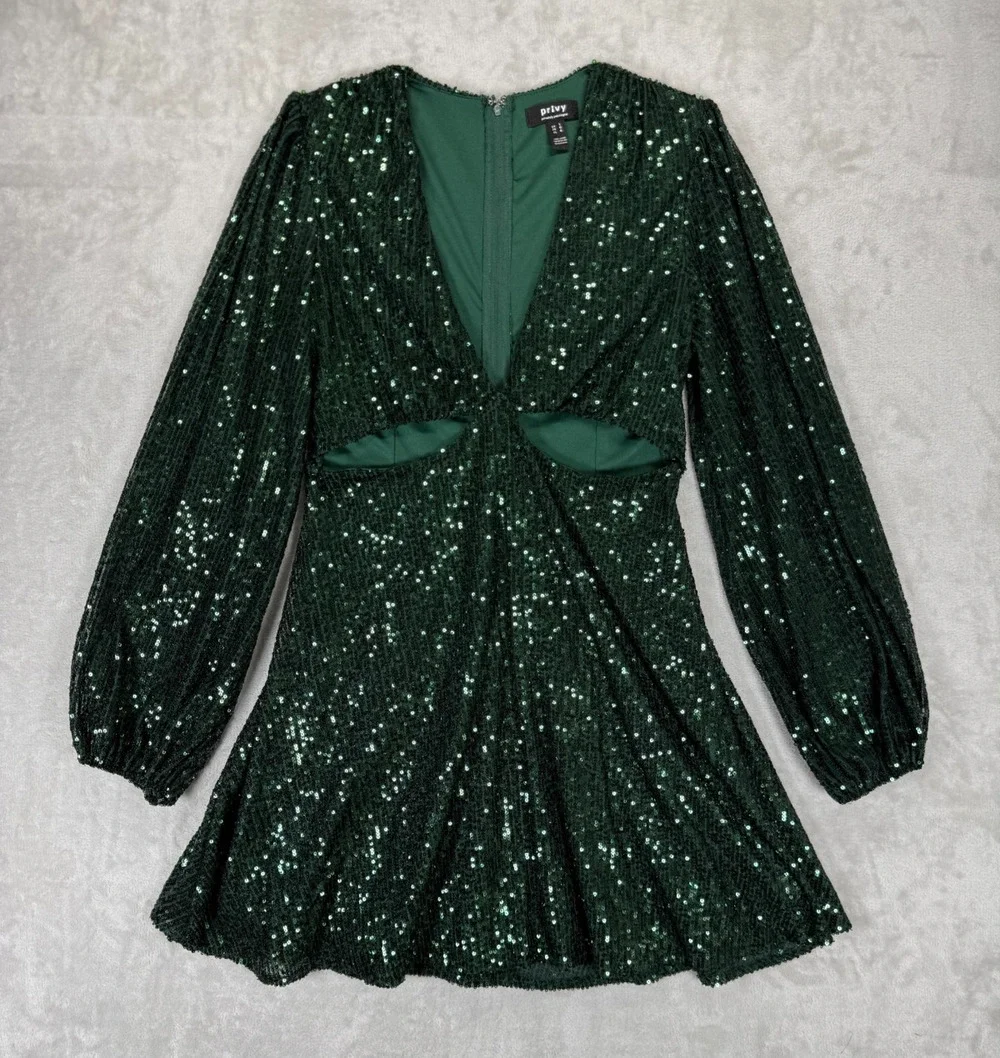 Privy Emerald‎ Green Sequin Cutout Mini Dress L NYE Holiday Party Cocktail